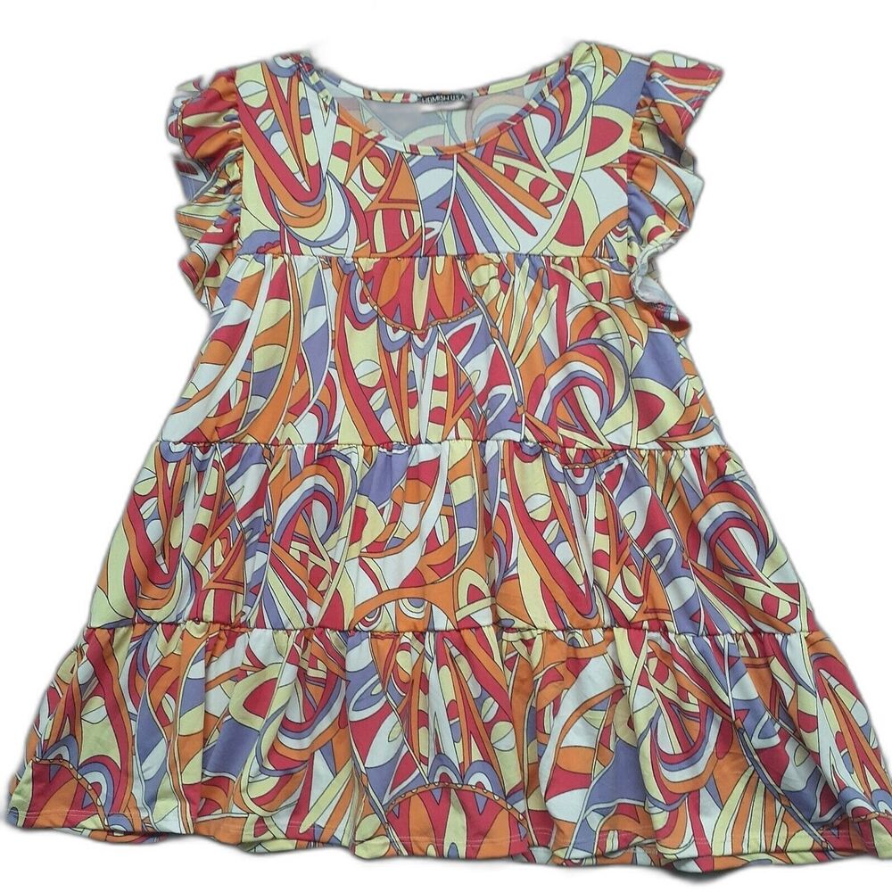 Heimish U.S.A. Women Sz S Babydoll Blouse Abstract Multicolored Ruffle Sleeves